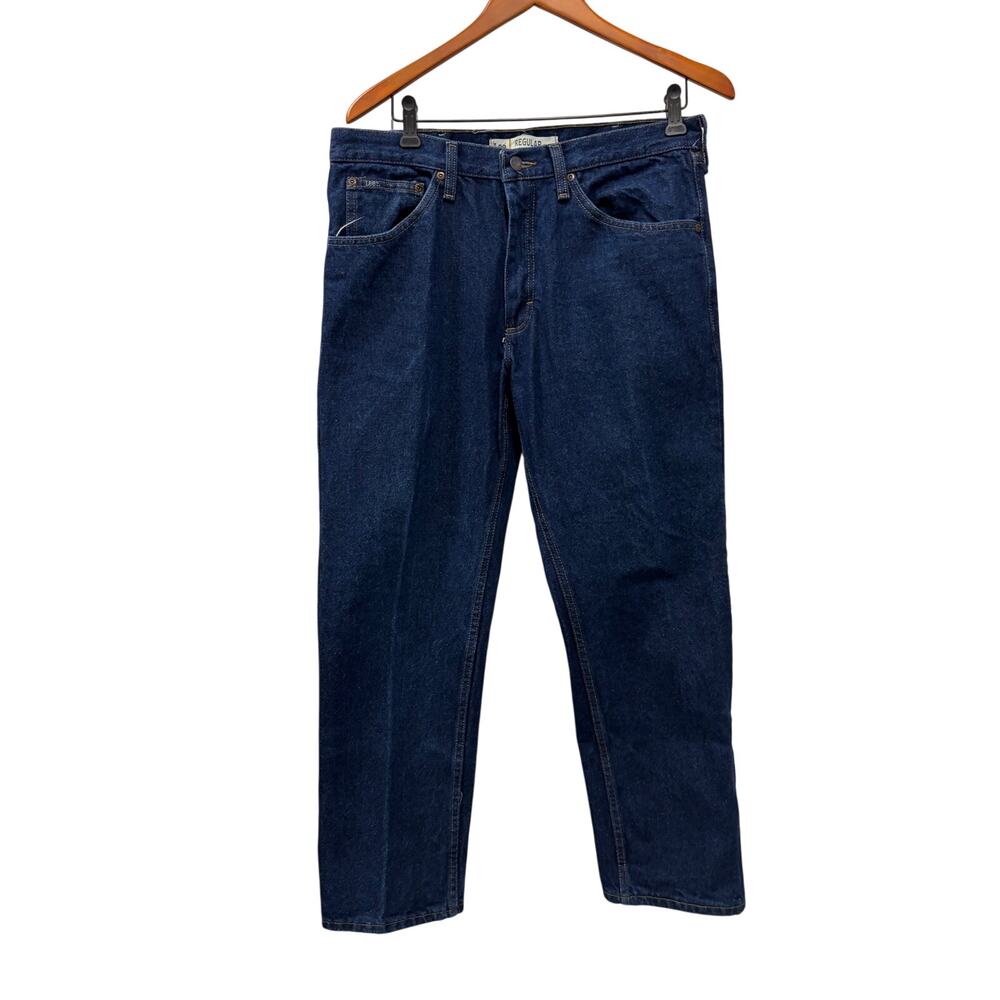 Vintage Lee Dark Wash Straight Leg Denim Jeans with Leather Back Patch 34x30